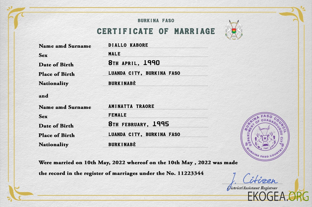 Modèle PSD de certificat de mariage du Burkina Faso